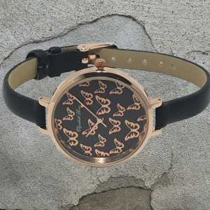 Womens Watch With Rose Gold Case & Butterfly Design With Black Dial And Strap.