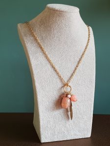 Pink drop Pendant With Gold Feather Detail