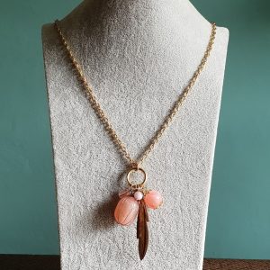 Pink drop Pendant With Gold Feather Detail